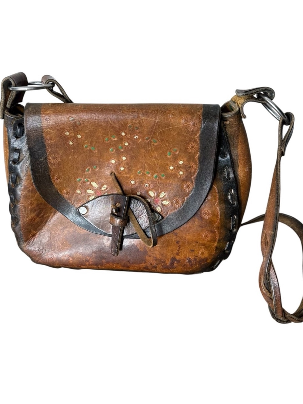 Vintage Brown Leather Hand Tooled Saddle Bag Crossbody Boho Embossed Braided